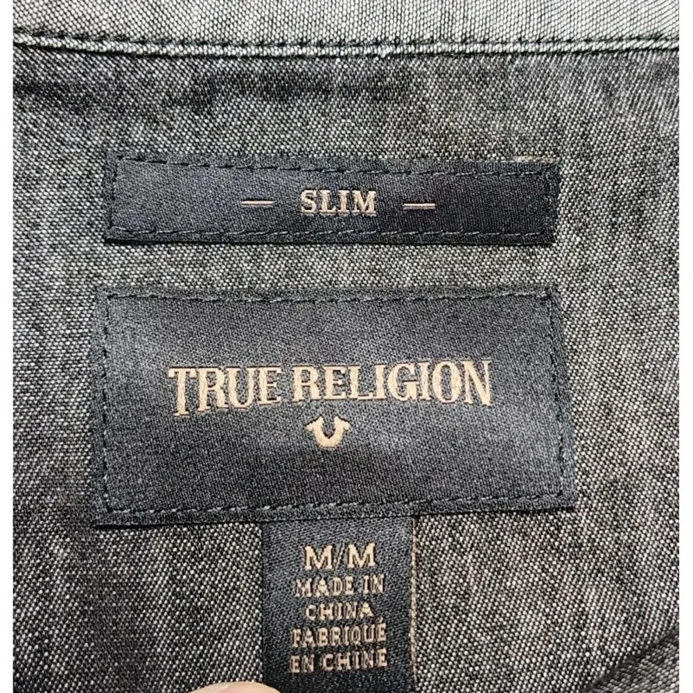 True Religion Western Shirt Mens M Gray Black Slim Fit Color Block Button‎ Up
